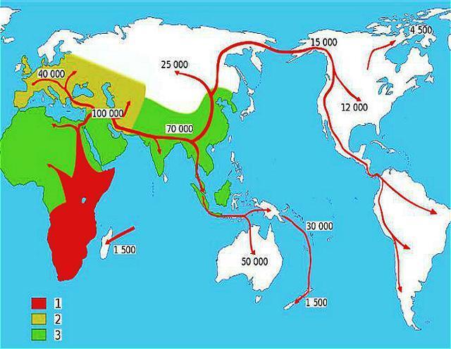 人类由非洲迁移到世界各地路线图