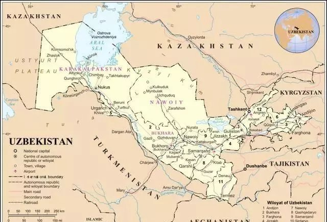 今天中亚的乌兹别克斯坦地图